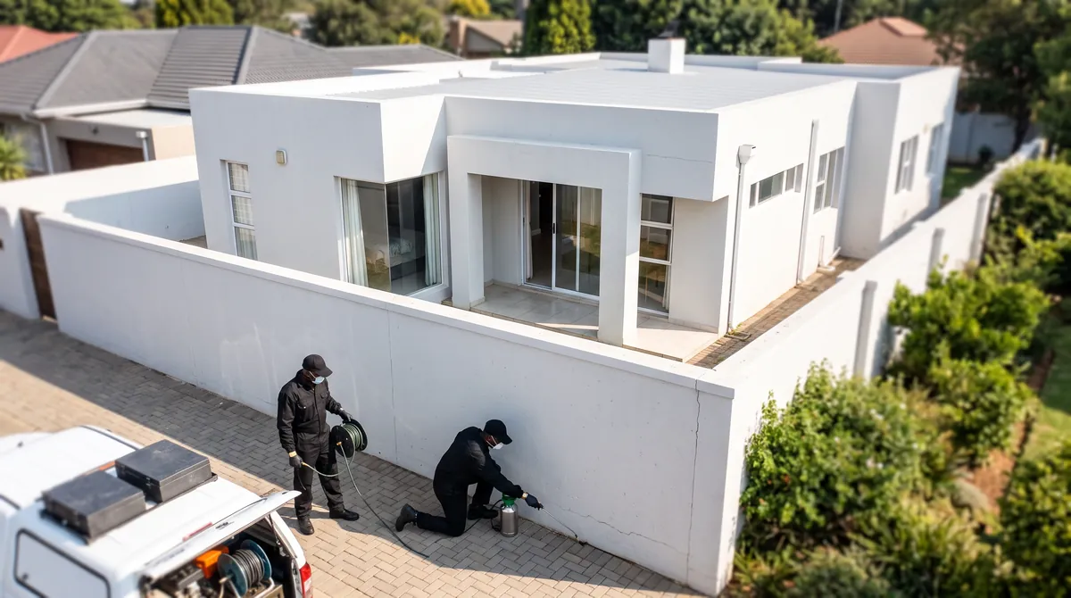 Pest Control South Africa - two pest control technicians in black overalls treating the base of a boundary wall at a white South African home Pest Control South Africa - two pest control technicians in black overalls treating the base of a boundary wall at a white South African home